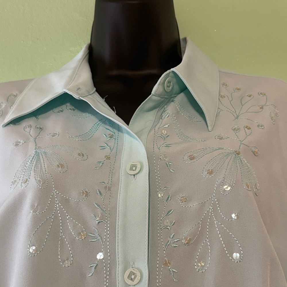 Chic Embroidered Turquoise Button Down Blouse. Of… - image 2